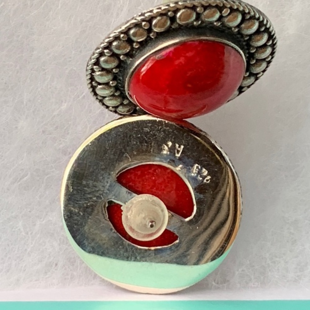 925 Sterling Silver Fossilized Red Coral Earrings - Picture 7 of 8